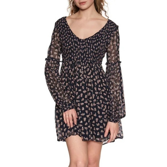 Free People Maria Smocked Floral Mini Dress in Midnight Combo - Picture 3 of 6
